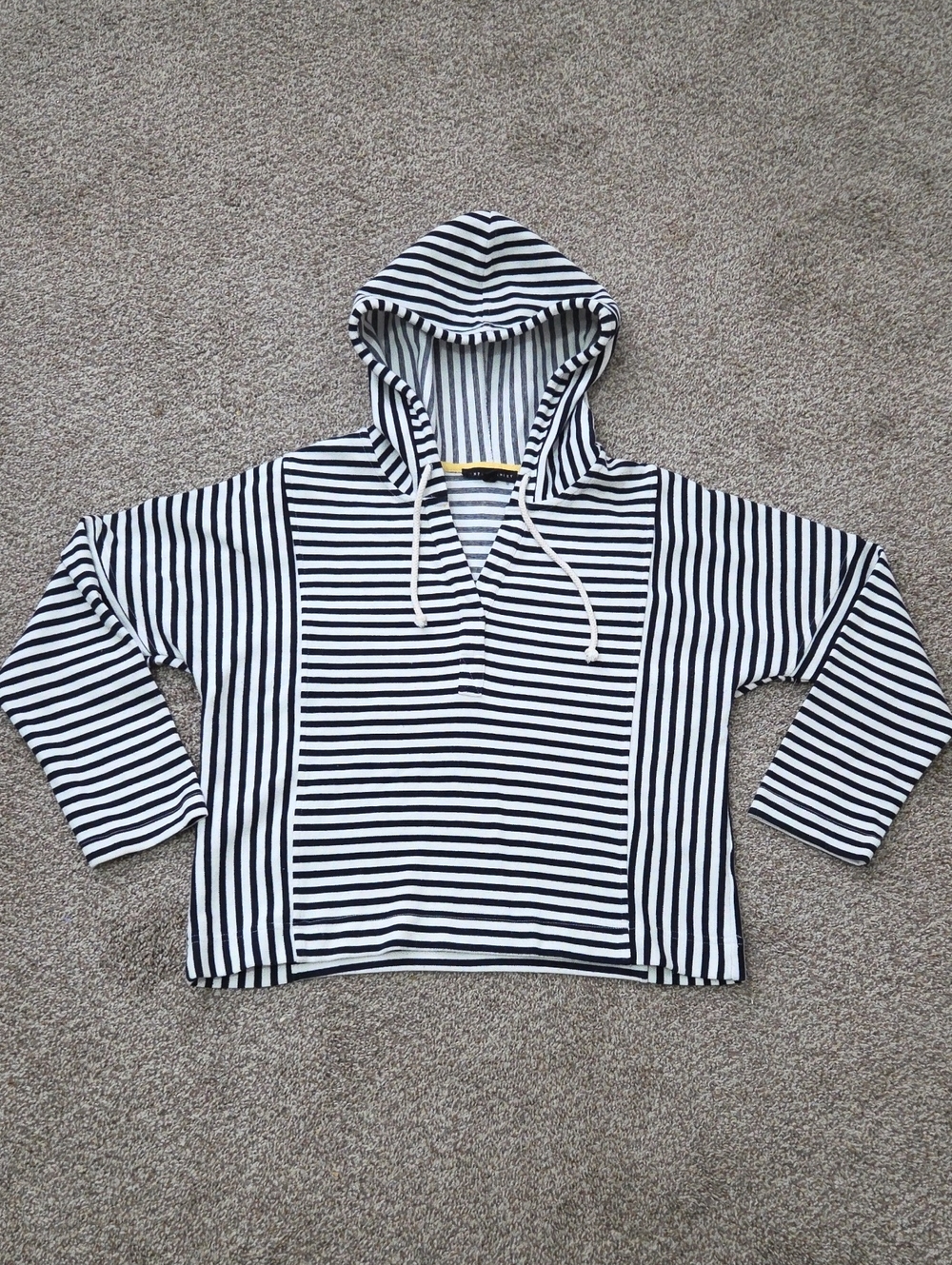 Jane and Delancey Navy and Cream Striped Cropped Hoodie Size L